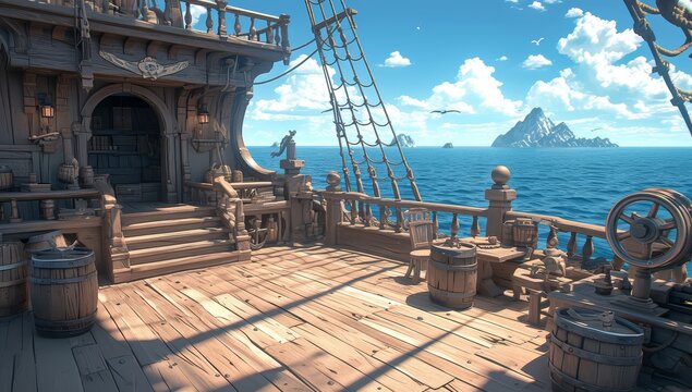 Ship deck and wheelhouse on an old wooden pirate ship, surrounded by a blue ocean with distant islands in the background. 