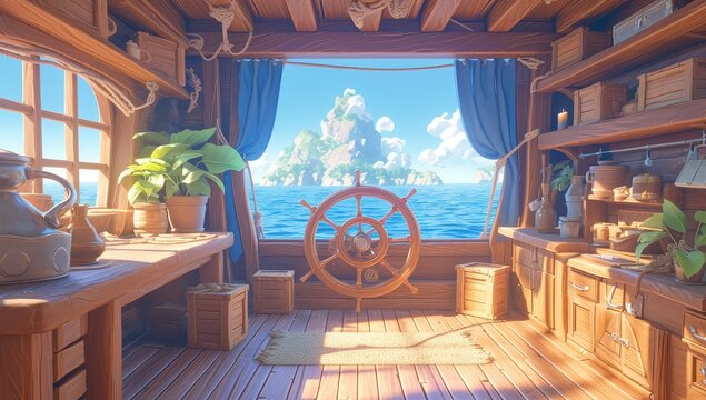 Interior deck and wheelhouse on an old wooden pirate ship, surrounded by a blue ocean with distant islands in the background. 