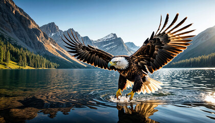 Majestic Eagle Soaring Over a Serene Mountain Lake