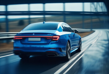 A realistic and detailed image capturing the rear view of a blue business car on high speed in a turn, as the blue car rushes along a high-speed highway. The scene conveys a sense of motion and speed,