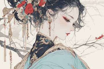 A beautiful girl in profile, watercolor splashes and ink style illustrations on a white background, delicate lines, mysterious atmosphere.