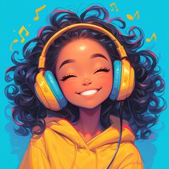 A cartoon illustration of an African American woman with big, curly hair smiling and listening to music on headphones. She is wearing casual attire and has her eyes closed in focus as she listens inte