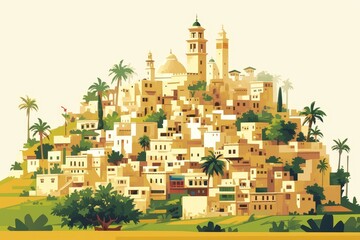 Ancient Arabic city with mud brick buildings in a flat design