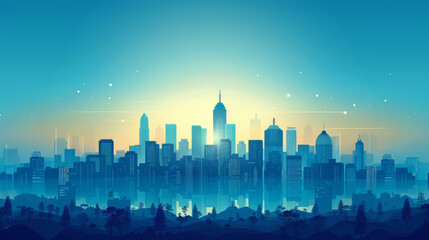 Fototapeta premium Silhouette of a city skyline at dawn with a calm blue tone, highlighting peaceful early morning moments.
