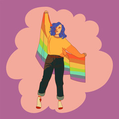 LGBT Pride Month in June. Lesbians, gays, bisexuals, transsexuals. Rainbow love concept. Human rights and tolerance. Poster, card, banner and background. Vector illustration of a girl and LGBT flag.