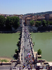 Aerial view of the Sant'Angelo Bridge with tourists. Castel Sant'Angelo, Rome, Italy