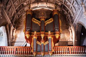 View of the organ inside the church of Saint-Gildas. Photography taken in Auray, Brittany, France.