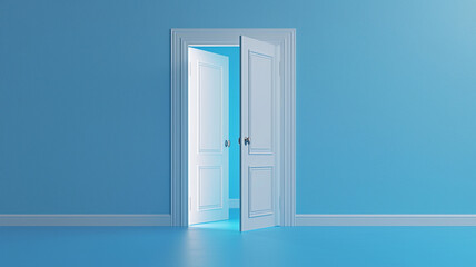 Open the door. Business concept. 3d render, white light inside open door isolated on blue background. Modern minimal concept.