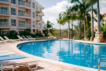 Swimming pool and sun loungers at stylish tropical spa hotel, summertime banner mockup. Summer travel sales and vacation concept.