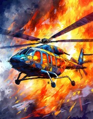 helicopter in flight crushed with burning background
