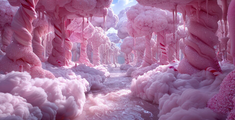 fantasy food paradise, an enchanted forest with candy cane trees, cotton candy clouds, and chocolate river streams, a surreal food haven akin to a fairytale