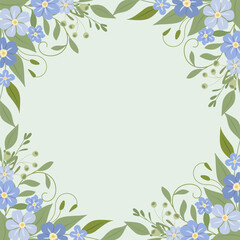 Dekoracyjne jasne zielone tło z niezapominajkami. Kwiatowy wzór, elegancka ozdoba na kartki z życzeniami do wykorzystania na Dzień Matki, wesele, rocznice lub inną uroczystość.
