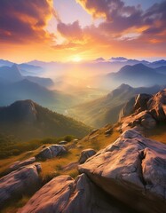 mountain rock with valley and sunrise background