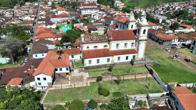 Explore the stunning S&atilde;o Francisco de Assis Church in Mariana, Minas Gerais, Brazil, in the daylight, captured with the powerful DJI Mavic 3 drone. Discover the beauty and grandeur of this historical 