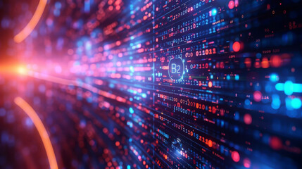 Obraz premium Dynamic visual of digital data streaming with vibrant lights and binary code.