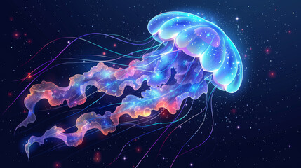 Digital illustration of bioluminescent jellyfish floating in a cosmic space with vibrant, neon colors.