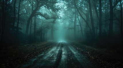 Ghost on the scary road in the paranormal world, Horrible dream, Strange forest in a fog, Mystical...