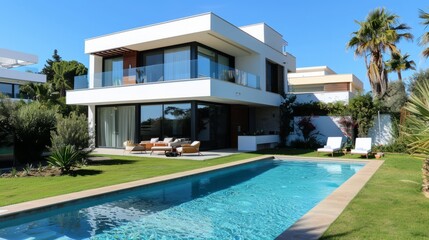 Fototapeta premium This luxurious beachfront home offers unrivaled luxury. with modern decoration and cutting-edge architecture located on the coast There is a private swimming pool. and stunning sea views