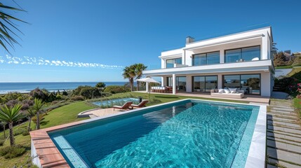 Fototapeta premium This luxurious beachfront home offers unrivaled luxury. with modern decoration and cutting-edge architecture located on the coast There is a private swimming pool. and stunning sea views