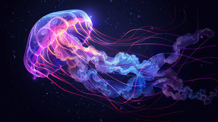 Obraz premium Digital illustration of bioluminescent jellyfish floating in a cosmic space with vibrant, neon colors.
