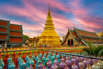 Colorful Lamp Festival and Lantern in Loi Krathong at Wat Phra That Hariphunchai, Lamphun Province...