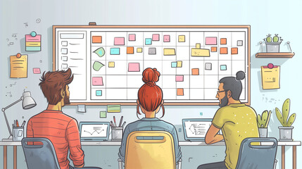 Une équipe de développeurs, designers travaillant ensemble à la conception d'un nouveau prototype, réunion de travail avec le manager, organisation, planning et méthode agile, brainstorming