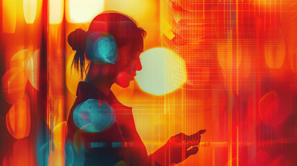 A young woman using a smartphone, bathed in vivid neon light with a futuristic ambiance.