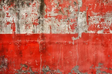 Abstract background of shabby concrete wall surface with bright red paint and weathered parts