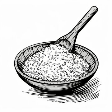 recommend clip art: Black and white illustration of a full bowl of rice with a wooden spoon, hand-drawn style.