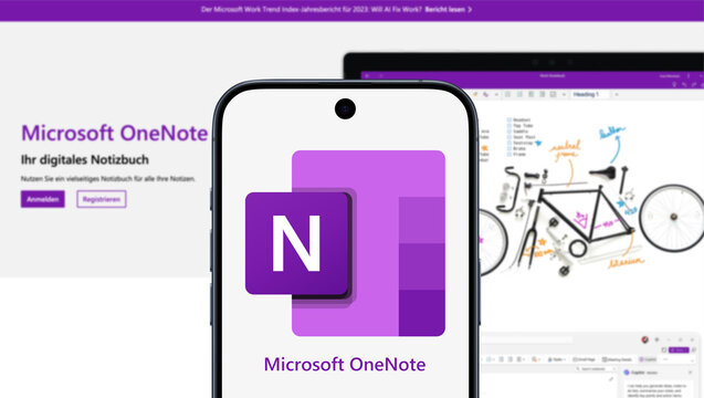 OneNote Logo wird auf einem modernen Smartphone angezeigt, dahinter die Website, Microsoft