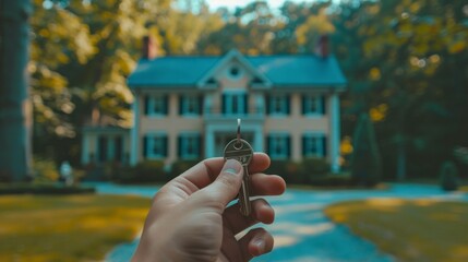 person holding keys with a house background