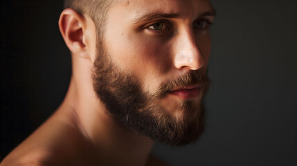 Obraz premium Side profile of a bearded young man in a contemplative mood, highlighted by dramatic lighting