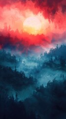 Fototapeta premium Foggy forest in the mountains at sunset. Vertical background. Digital painting.