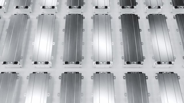 Electric vehicle lithium ion rechargeable battery module inside metal enclosure packed for car, new solid li-ion cell pack manufacturing for transportation energy storage industry 3D rendering