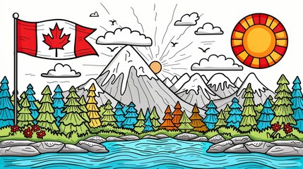 Coloring pages or educational cards featuring Canadian symbols such as flags, animals, and landmarks