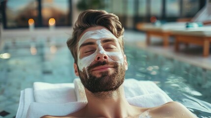 Happy healthy bearded caucasian man with face cream mask in wellness center - Powered by Adobe
