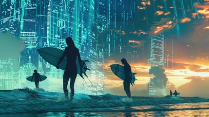 Group of diverse people with surfboards standing on sandy beach overlooking ocean.