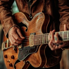 Fototapeta premium Strumming Melodies: A Player Engrossed in Guitar Tunes While Seated in a Chair.