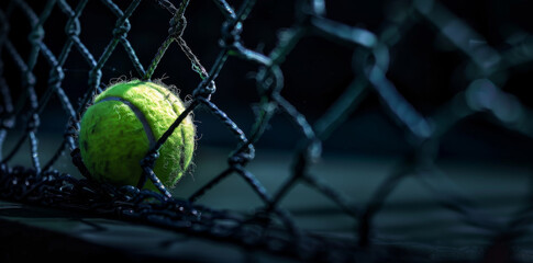 Tennis ball hitting net on black background.
