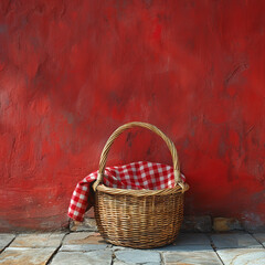 Wicker picnic basket with checkered cloth with copy space.