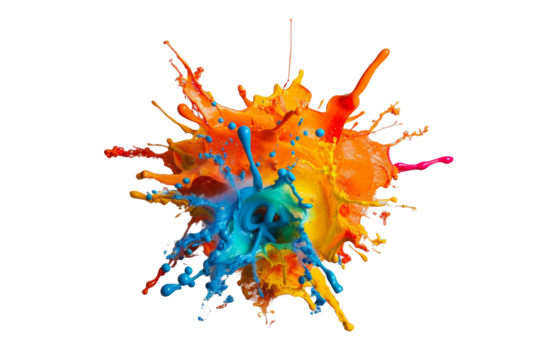 A vibrant and explosive paint splatter, featuring multiple colors isolated on black, ideal for dynamic and creative projects.