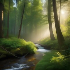 A serene forest scene with tall trees, dappled sunlight, and a peaceful stream Tranquil and calming environment5