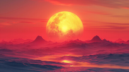 Illustration of vibrant Red sunset on the sea.