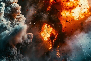 Explosive Chaos: A Fiery Blast Engulfs the Sky, Propelling Debris in Every Direction.