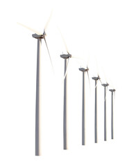 Eco Friendly Isolated Set of Wind Turbine In A Row. Transparent PNG Photograph.