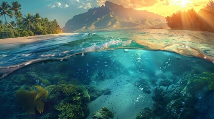 The image shows the seabed of a tropical beach with colorful coral reefs, tropical fish swimming, crystal-clear water, and sunlight filtering through the surface.