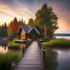 Fototapeta premium A peaceful lakeside cabin with a dock, Adirondack chairs, and a view of the water Tranquil and idyllic retreat4