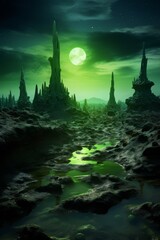 Surreal alien landscape with glowing moon
