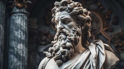 Majestic stone sculpture of a bearded figure with flowing robes and curly hair