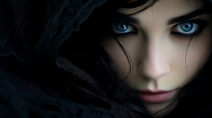 Mysterious woman with dark hair and piercing blue eyes